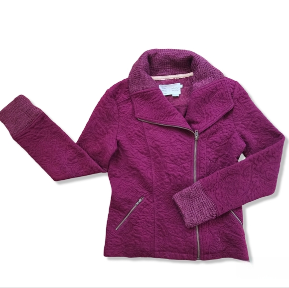 Anthropologie Moto Sweater Jacket in Burgundy Paisley Jacquard Print - Picture 4 of 12